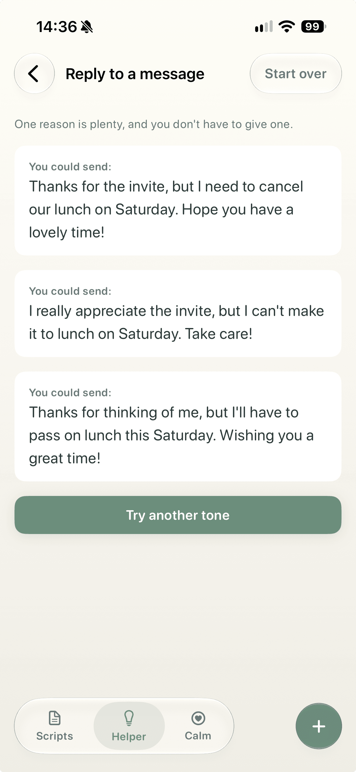 tonen Reply Helper screen
