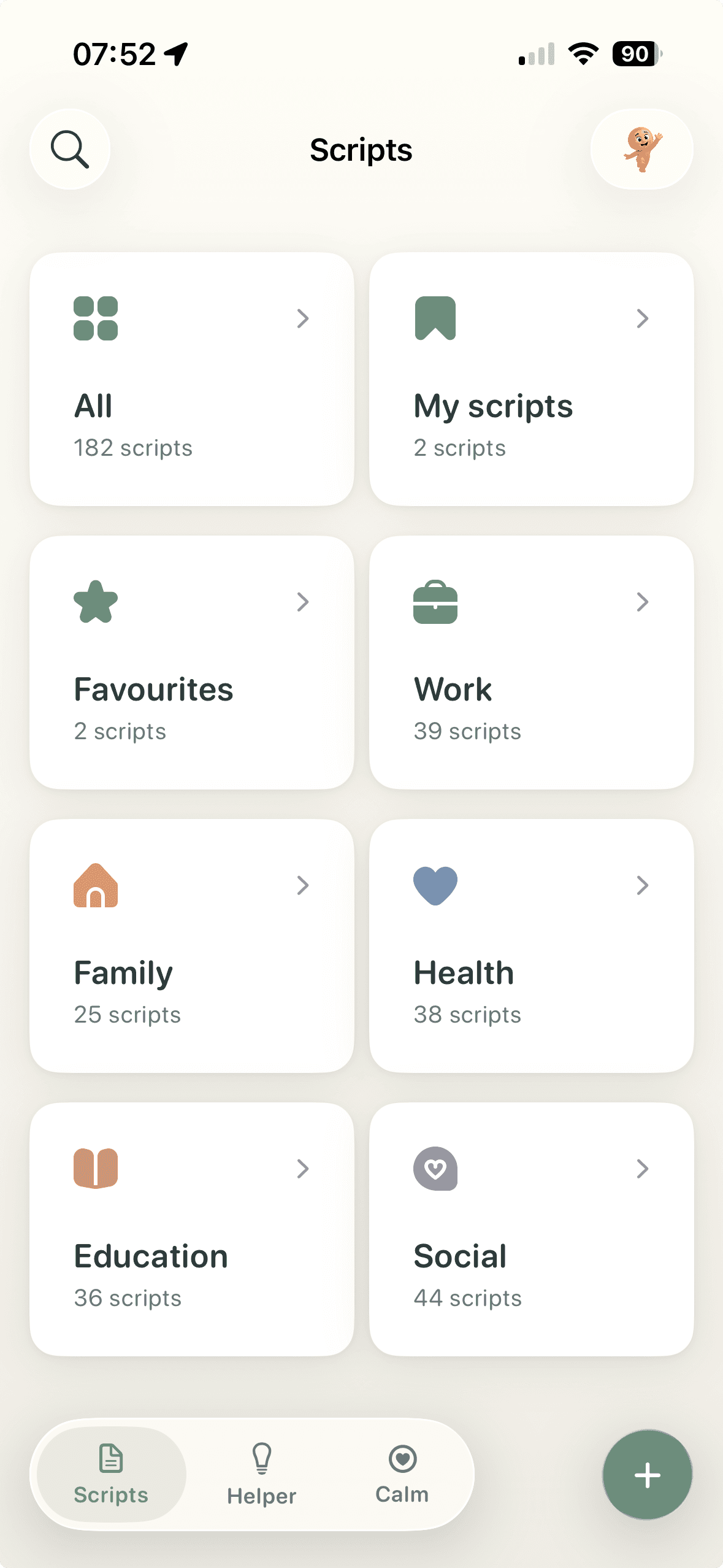tonen home screen with script categories