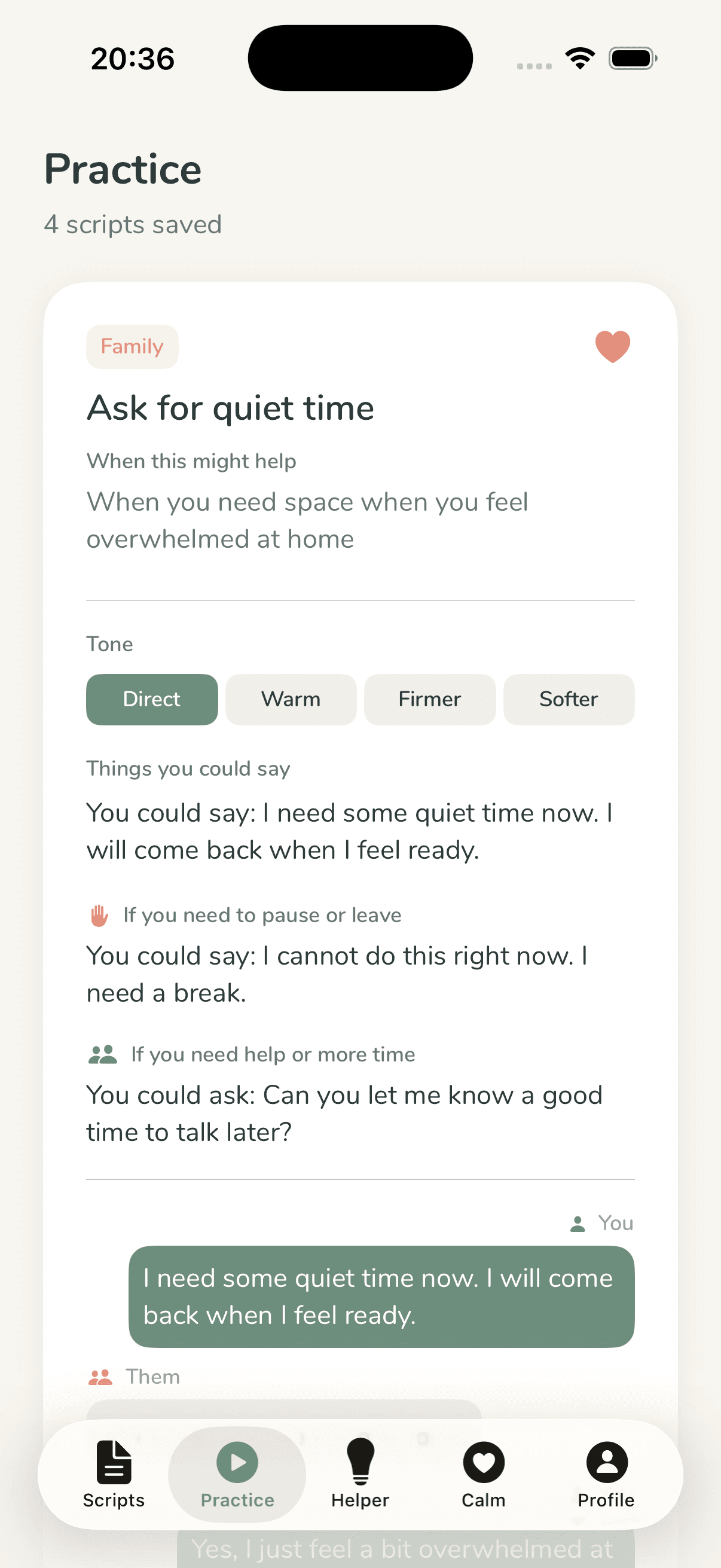 Tonen iPhone app screen showing the scripts library