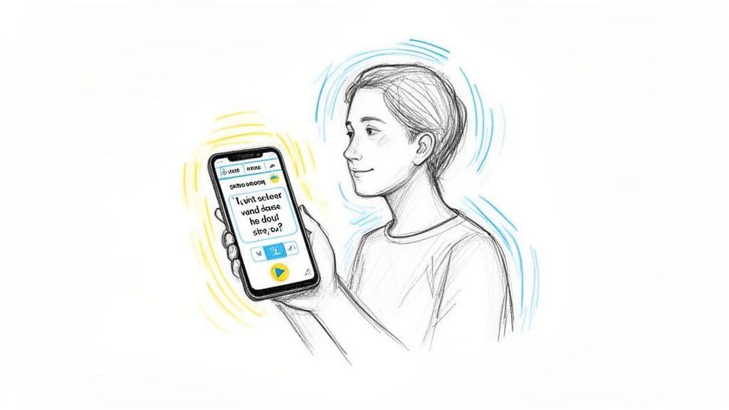 Sketch of a person happily using a smartphone with an app, surrounded by blue and yellow sound waves.
