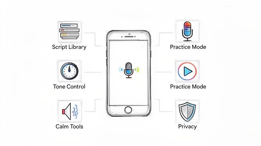 A smartphone displaying a communication app with features like script library, tone control, calm tools, practice modes, and privacy.