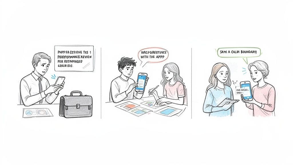 Three illustrations showing people using mobile phones for communication and interaction in various settings.