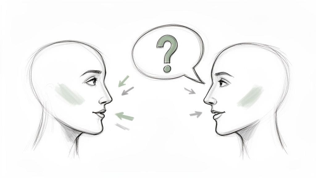Illustration of two people communicating, a question mark indicating uncertainty or query.