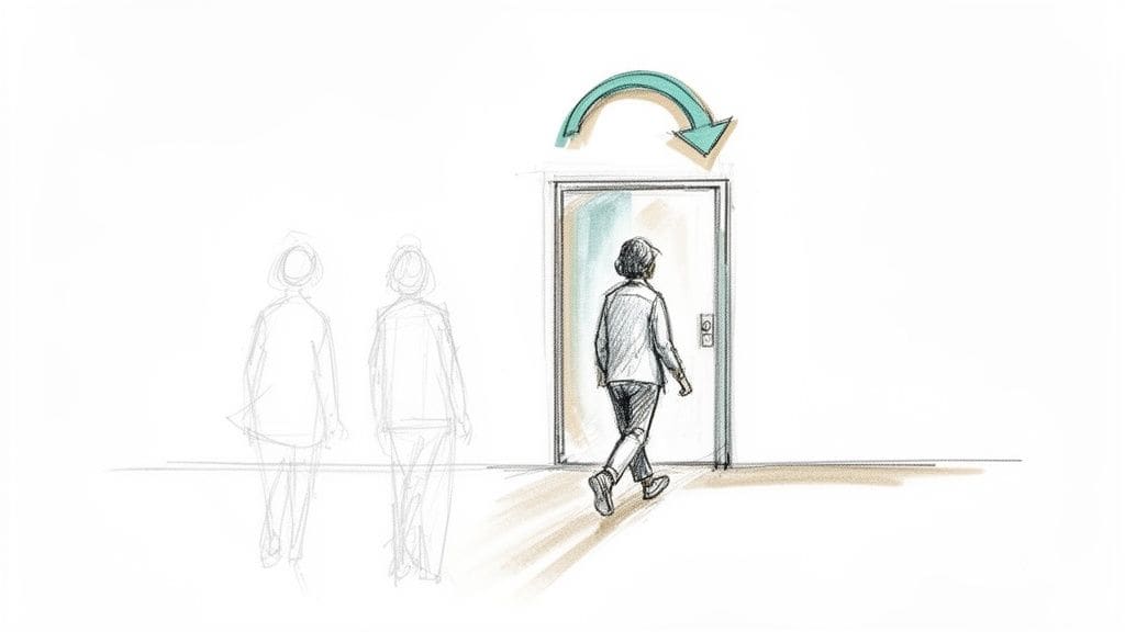 A sketched person walks towards a door with a looping arrow above, implying a return or cycle.