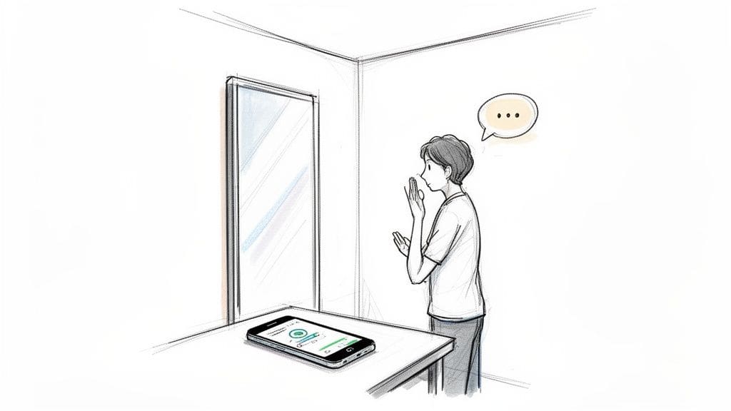 A person practices speaking in front of a mirror, using a smartphone app for support.