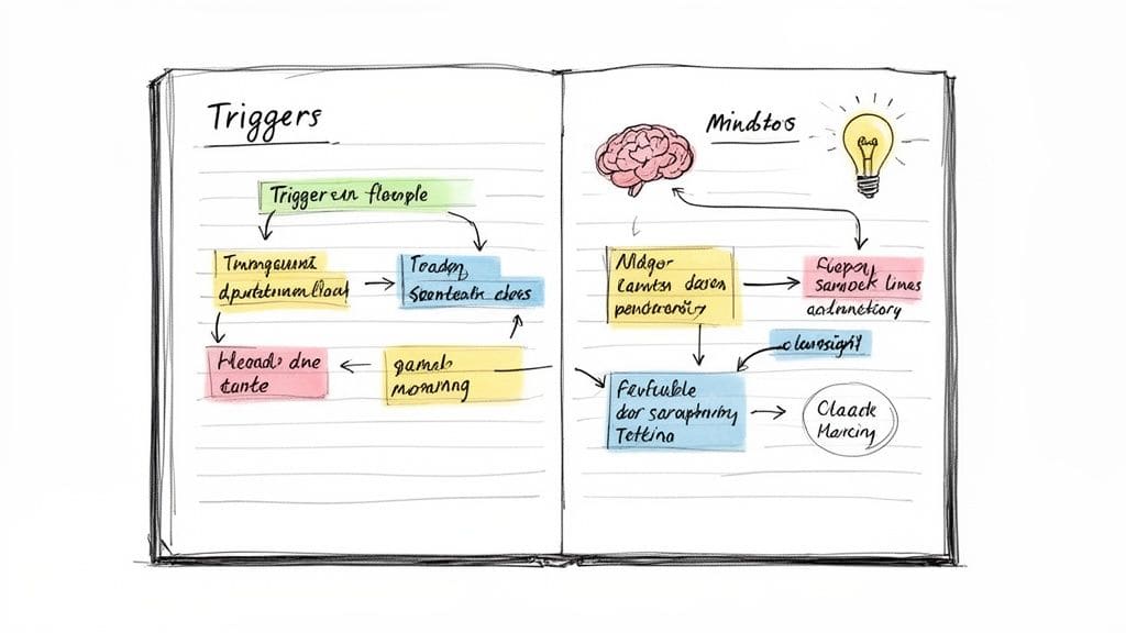 A hand-drawn diagram in a notebook with sections titled 'Triggers' and 'Mindtos', showing flowcharts and icons.