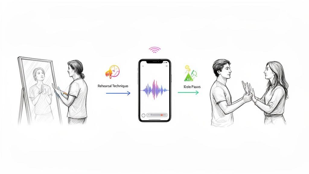 A person practices conversations alone with an app, then role-plays with a partner.