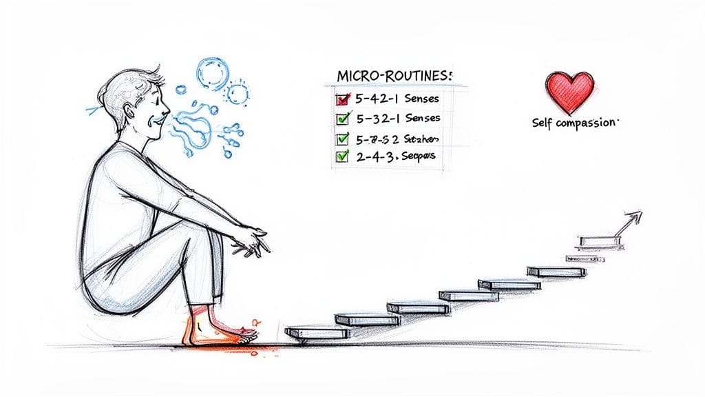 Illustration of a person practicing mindfulness, micro-routines, and self-compassion for anxiety and personal growth.