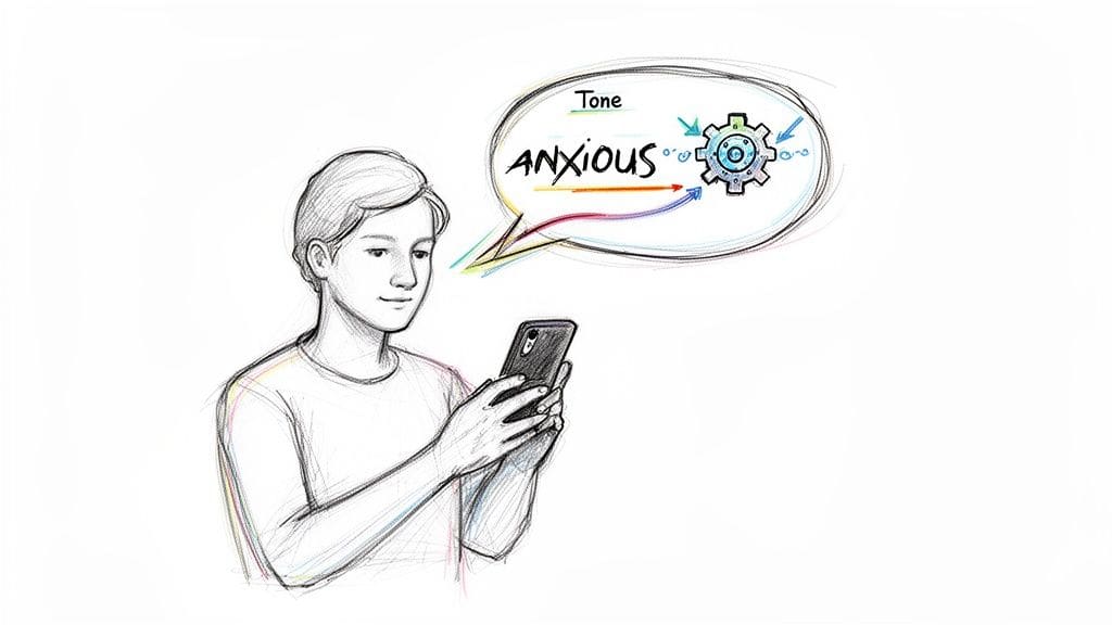 A person holds a phone, a thought bubble shows 'ANXIOUS' tone and a gear icon, indicating AI analysis.