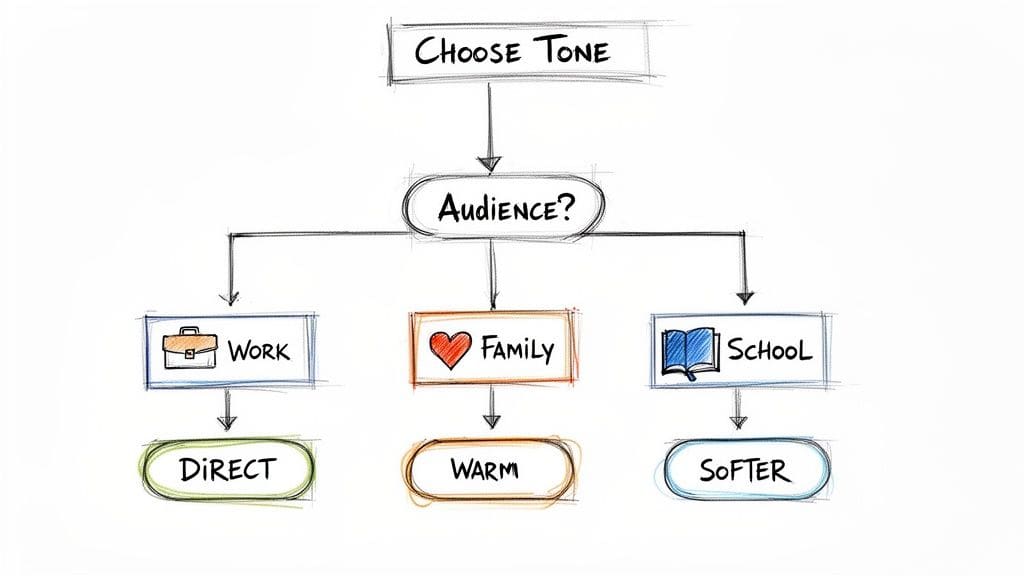 A flowchart illustrating how to choose the right tone based on audience: Work (Direct), Family (Warm), School (Softer).