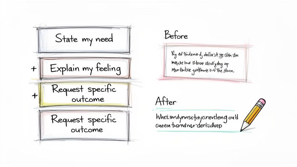 A diagram illustrates communication steps: State need, Explain feeling, Request specific outcome, with 'Before' and 'After' message examples.