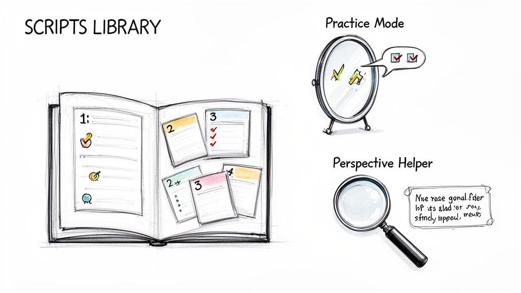An illustration showing a scripts library, a practice mode mirror, and a perspective helper magnifying glass.