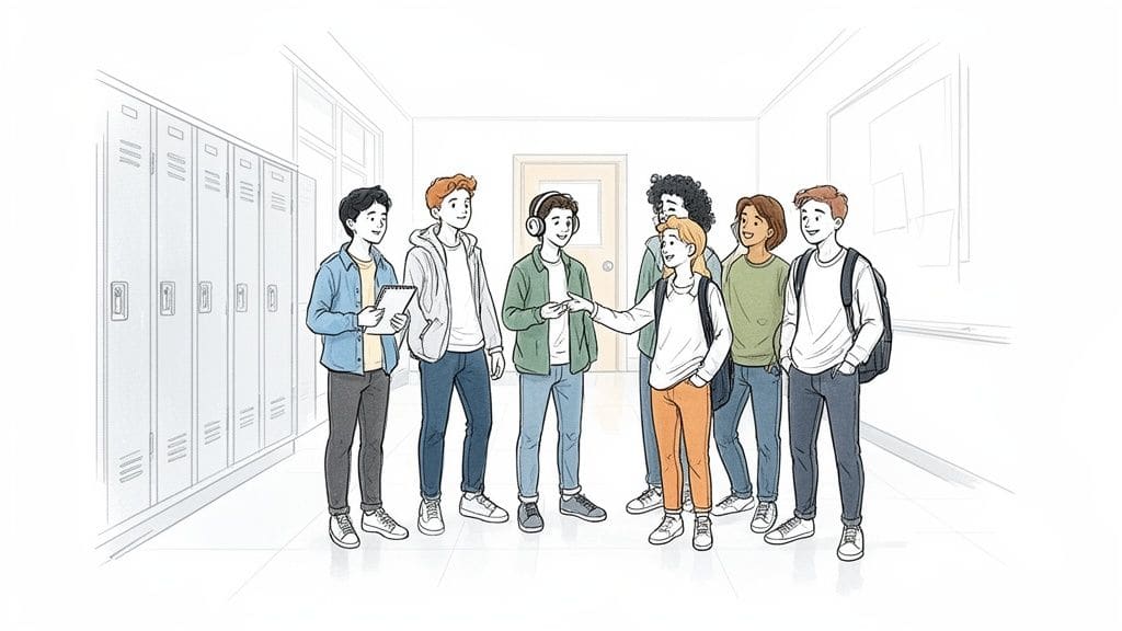 A diverse group of high school students talking in a hallway with lockers.