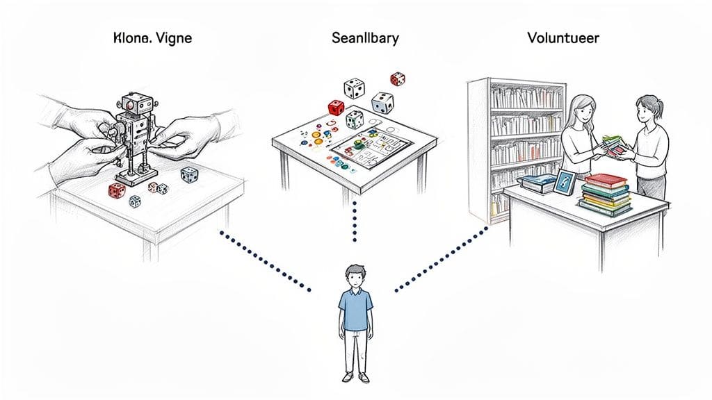 Three scenes illustrating hands building a robot, a board game, and people exchanging books, all linked to a boy.