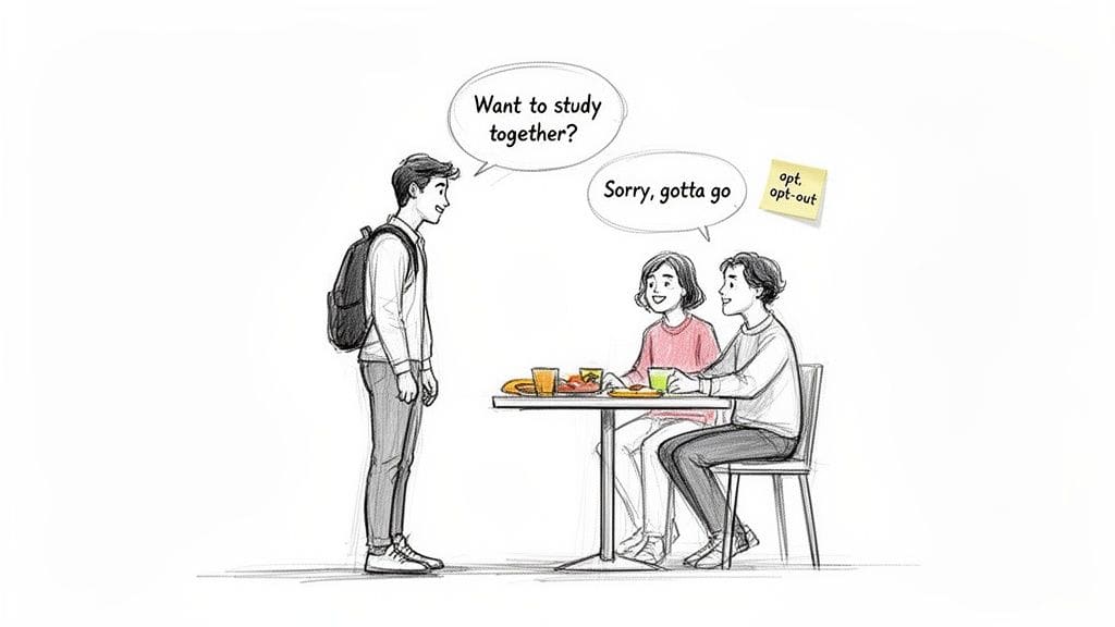 A student asks two seated friends to study together, but one declines, showing a social interaction.