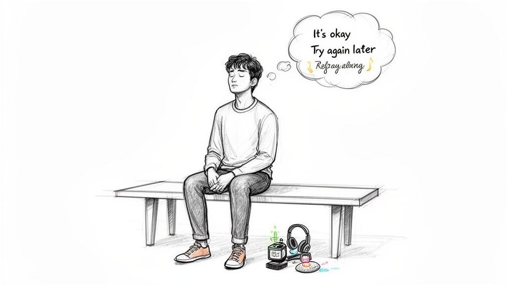 A man meditates on a bench, thinking 'It's okay, Try again later', with music player and headphones nearby.