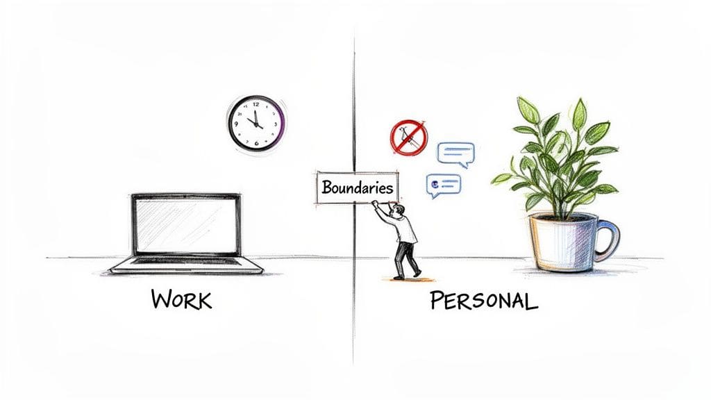 A hand-drawn image illustrating a person establishing boundaries between their professional and personal life.