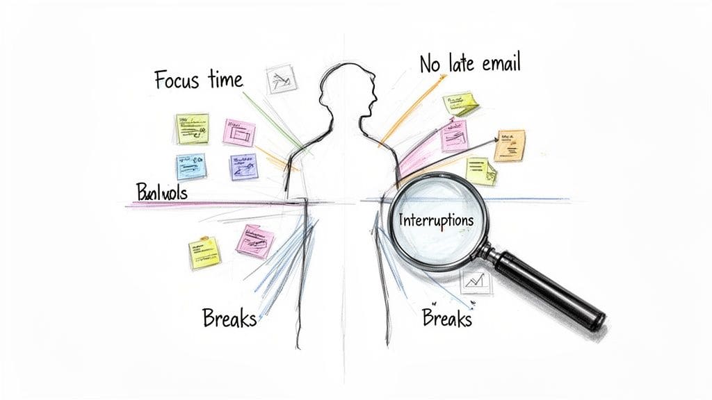 Hand-drawn illustration depicting a person managing work-life balance with focus time, boundaries, and interruptions.