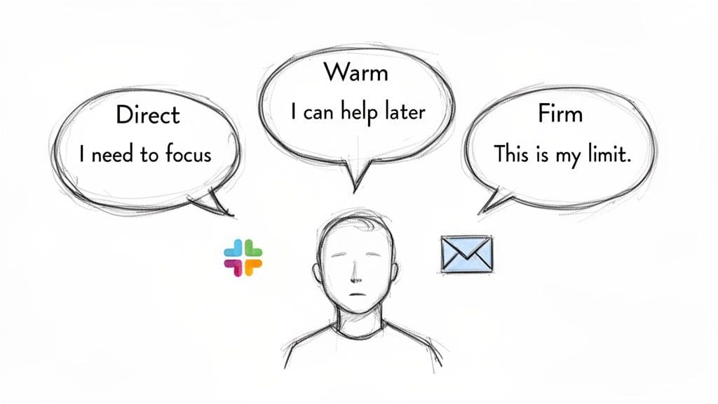 Illustration of a person with thought bubbles showing 'Direct', 'Warm', and 'Firm' responses to work demands.