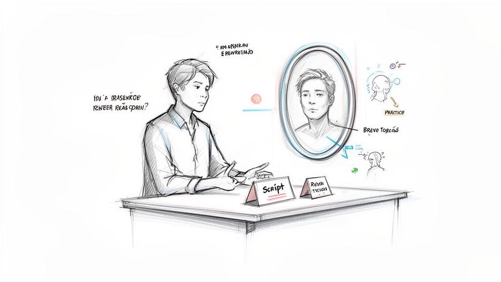 Sketch of a person rehearsing a script in front of a mirror with 'Practice' notes.