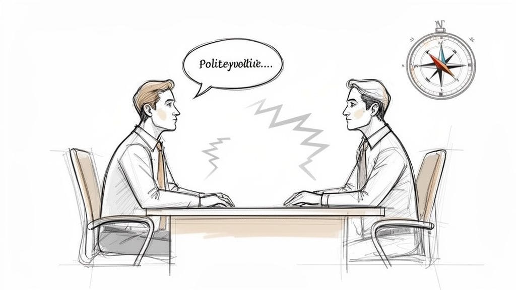 Two men in suits sit opposite each other at a table, suggesting a tense business meeting with communication issues.