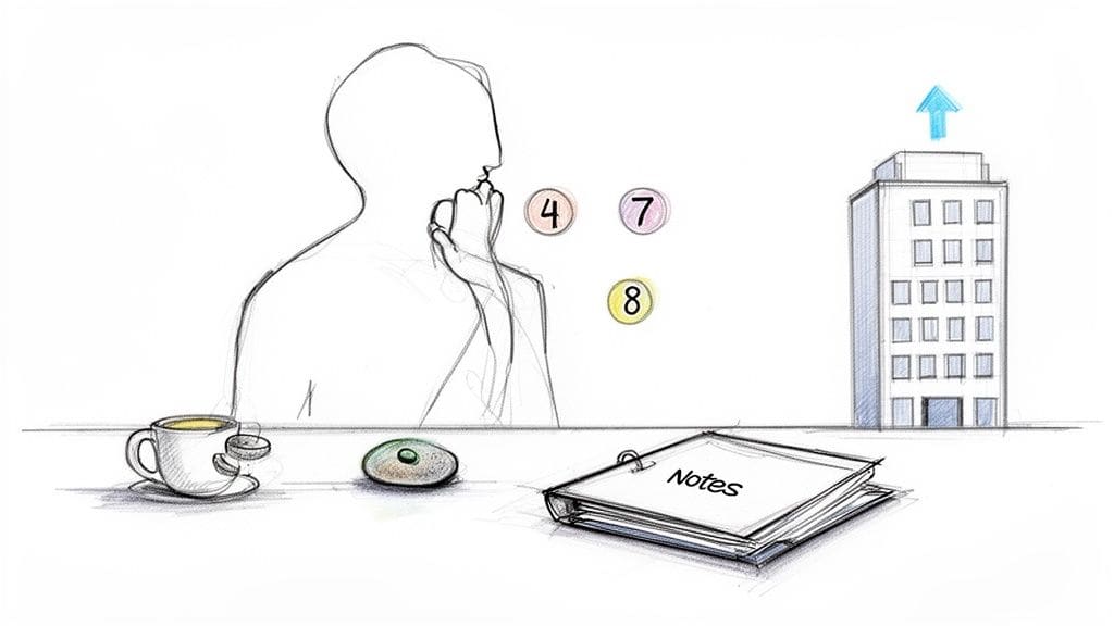 Sketch of a person pondering options (4, 7, 8) with a notebook, coffee, and a building.