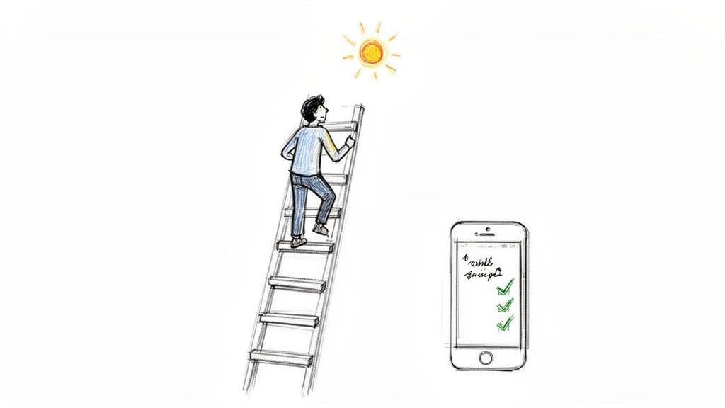 A person climbs a ladder towards the sun, while a smartphone shows a completed checklist.