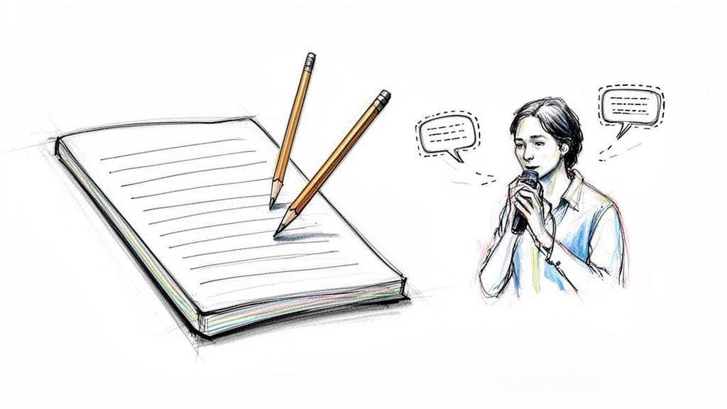 Illustration showing a notepad with pencils and a person speaking into a microphone with speech bubbles, representing communication skills.