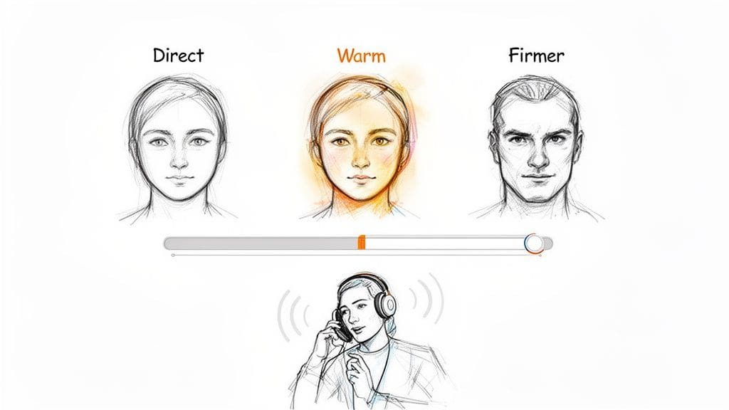 Sketches illustrating direct, warm, and firmer audio profiles with a slider and person on call.