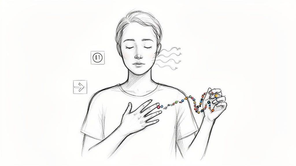 A person meditating with closed eyes, hand on chest, holding a colorful beaded string, with abstract waves.