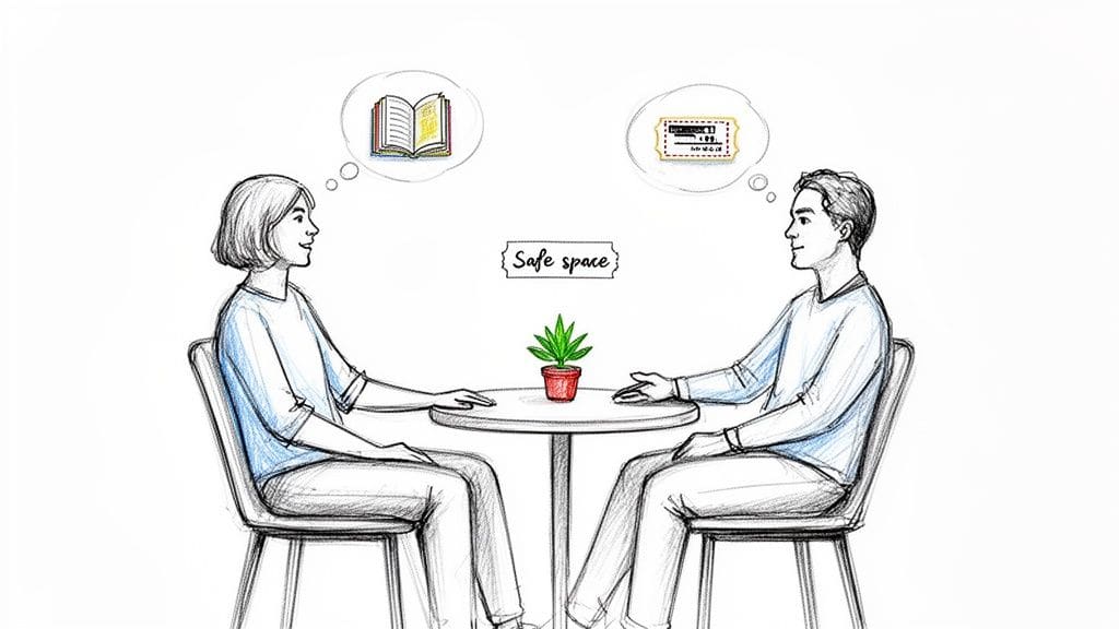 Illustration of two people talking in a safe space with a cannabis plant, book, and ticket.
