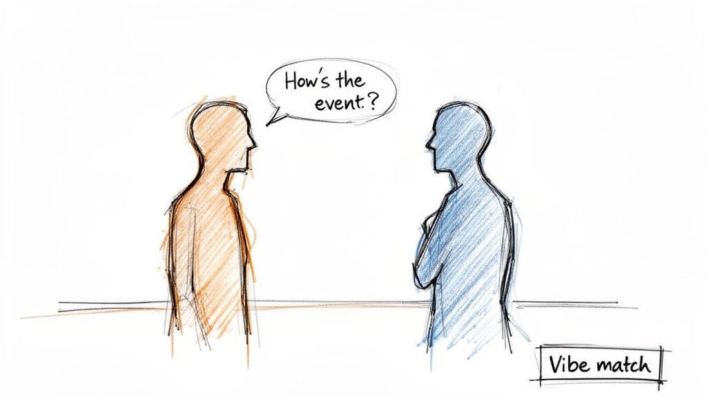 A simple sketch of two figures, one orange and one blue, engaging in a conversation about an event, labeled 'Vibe match'.