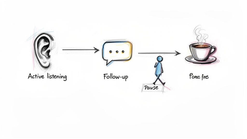 A hand-drawn process flowchart showing active listening, follow-up, a pause, and a coffee cup.