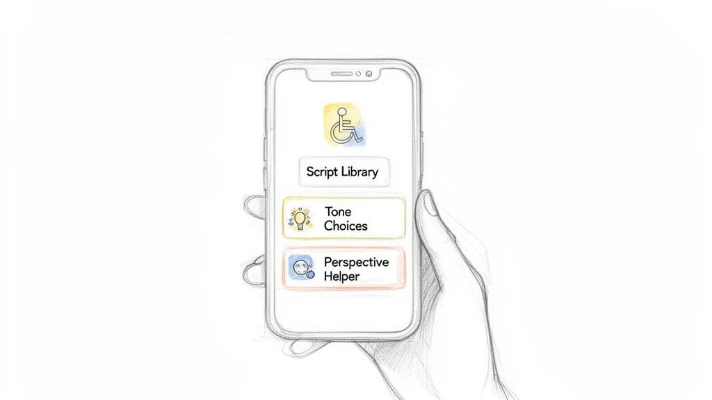 A sketch shows a hand holding a smartphone app for communication, featuring Script Library, Tone Choices, and Perspective Helper.