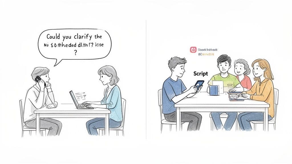 A two-panel comic illustrating poor communication on the left and clear, app-supported collaboration on the right.