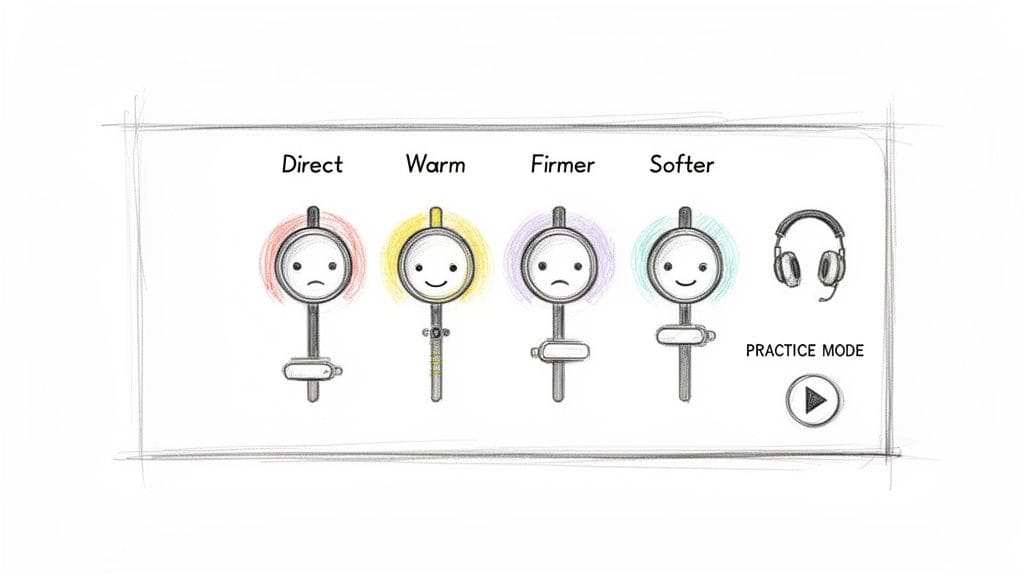 Sketch of a communication app interface featuring adjustable emotional sliders and a practice mode.