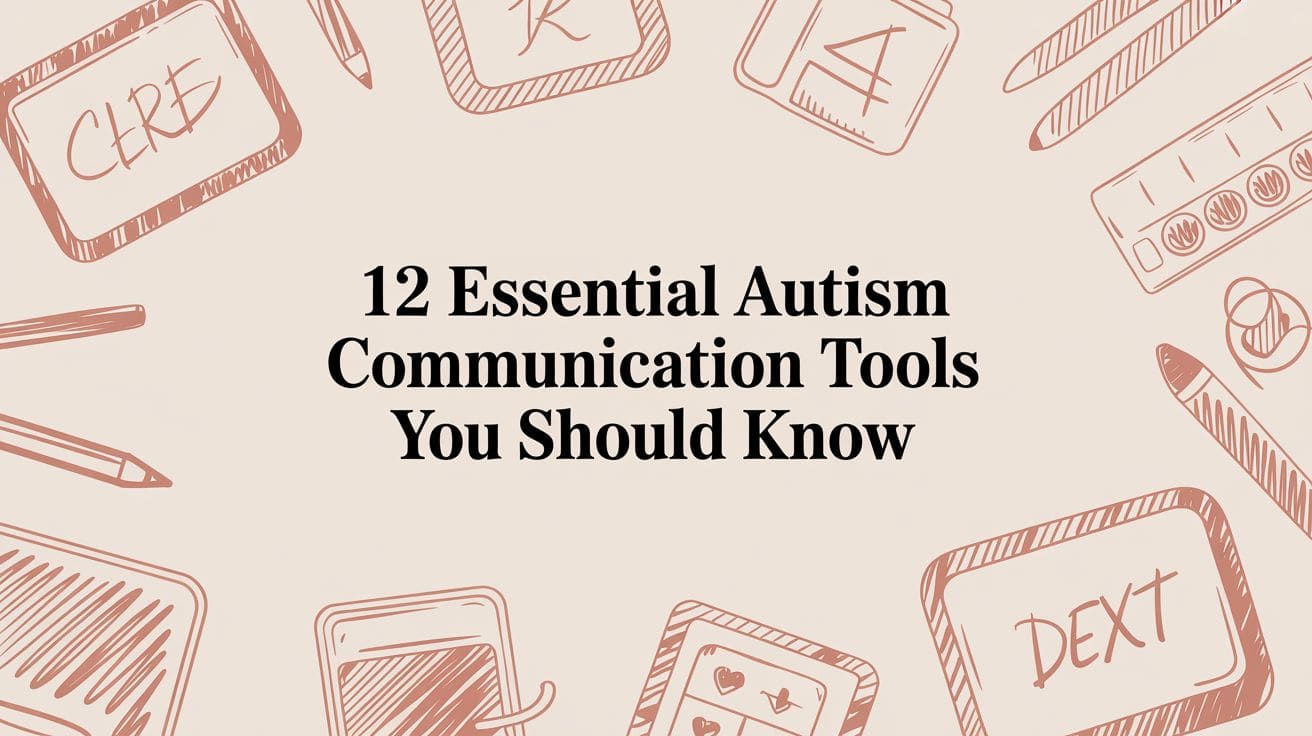 Collection of autism communication tools including tablets, visual aids, and apps