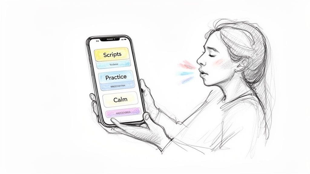 Person practicing speaking or breathing with a communication skills app on a smartphone.