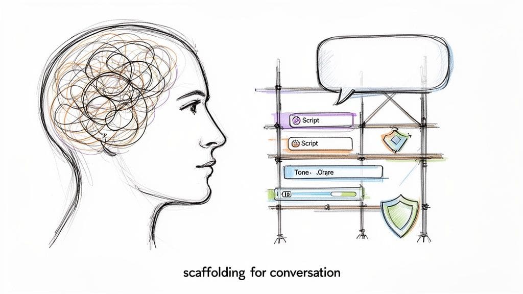 A sketch of a human head with confused thoughts next to a scaffolding for structured conversation.