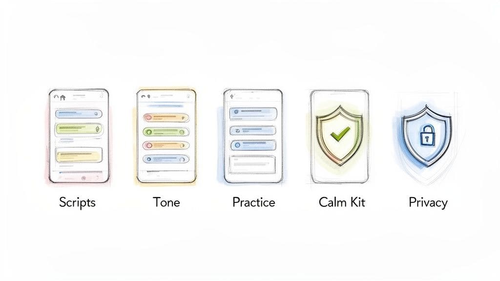Sketched illustrations of an app's communication features: scripts, tone, practice, calm kit, and privacy.