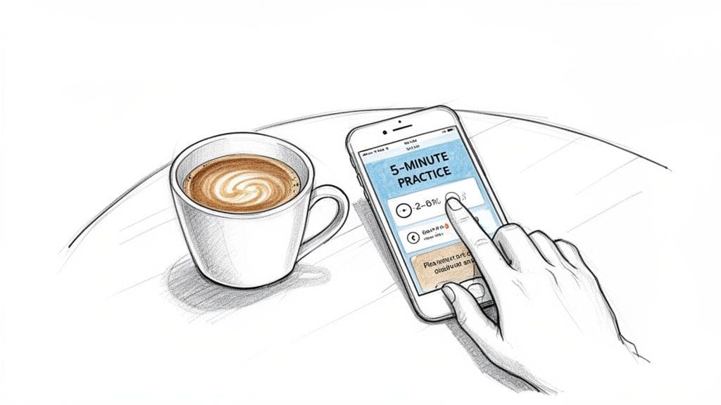 Illustration of a hand interacting with a '5-Minute Practice' app on a smartphone next to a coffee cup.
