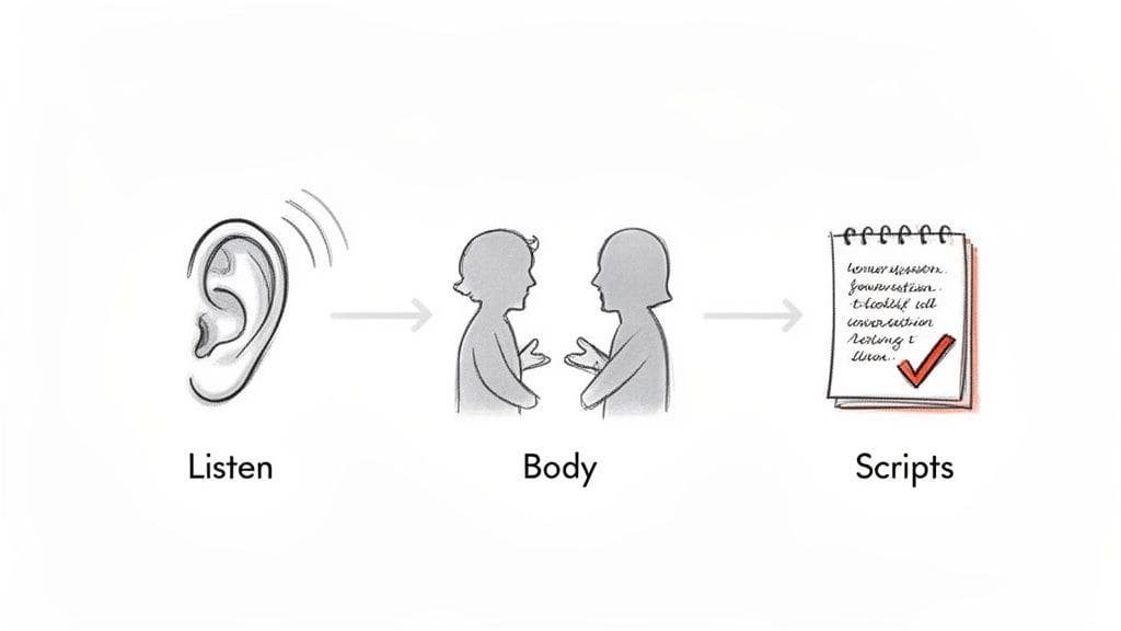 A diagram illustrating the communication flow: listen, body language, and scripts with a checkmark.