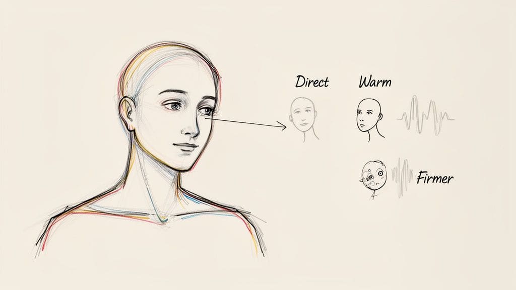 A sketch illustrating communication nuances: 'Direct' gaze, 'Warm' expression, and 'Firmer' tone with waveforms.