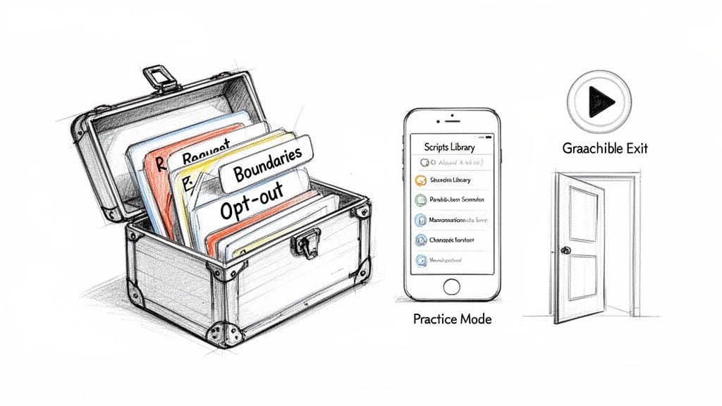 Sketch of a briefcase with communication scripts, a phone app 'Scripts Library', and a 'Gracious Exit' door.