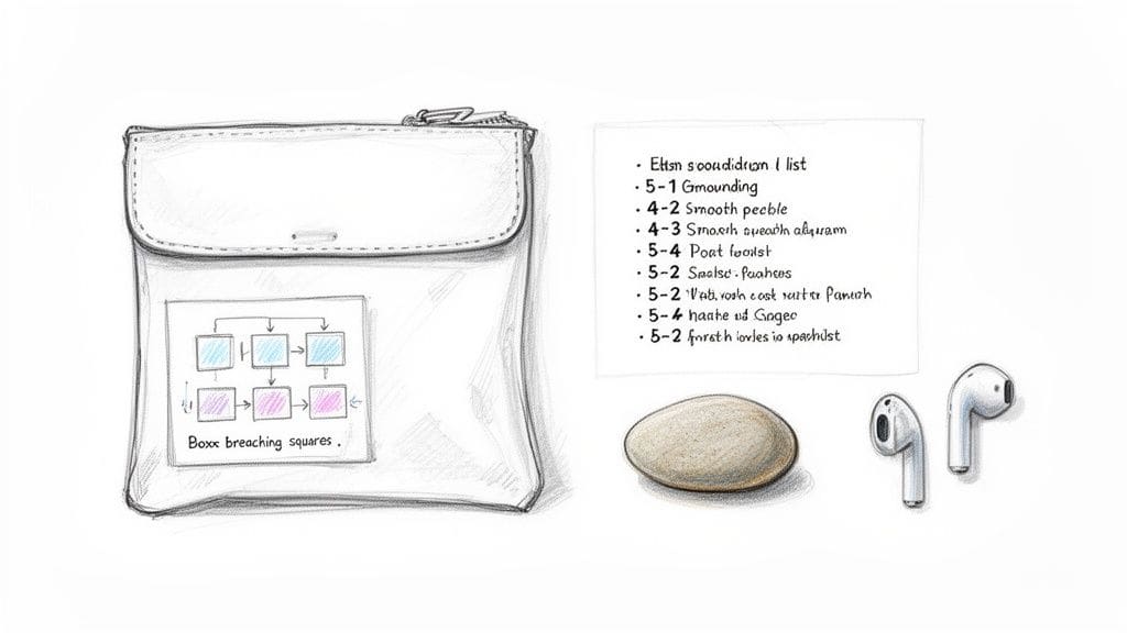 A detailed pencil drawing showing a white pouch, a list of items, a smooth stone, and two white AirPods.
