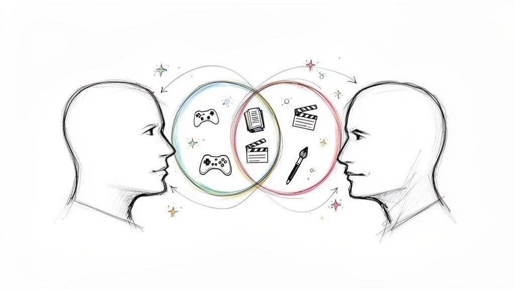 Two head profiles sharing ideas about games, books, movies, and art in a colorful Venn diagram.