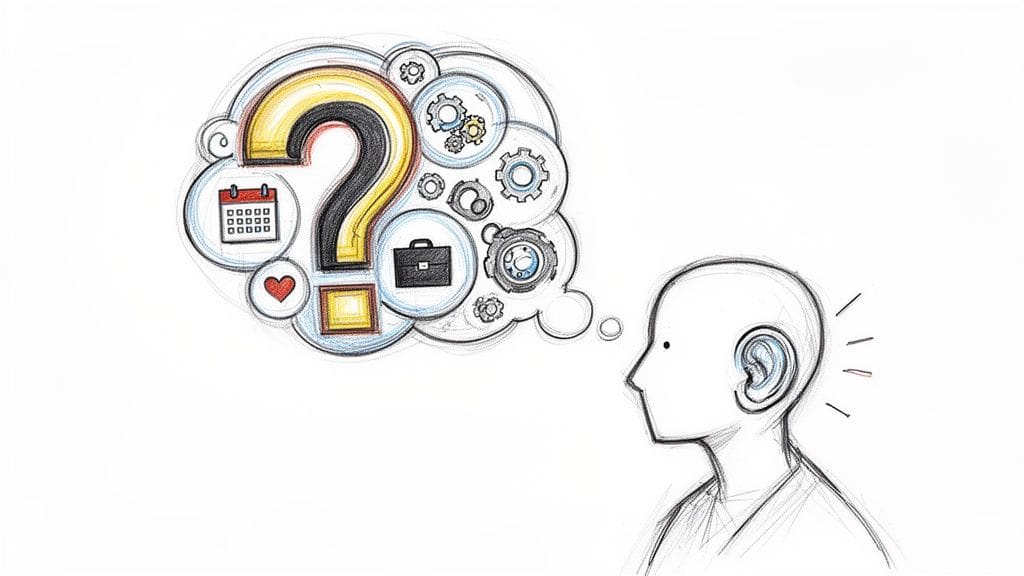 Person thinking with a question mark thought bubble showing calendar, heart, briefcase, and gears.