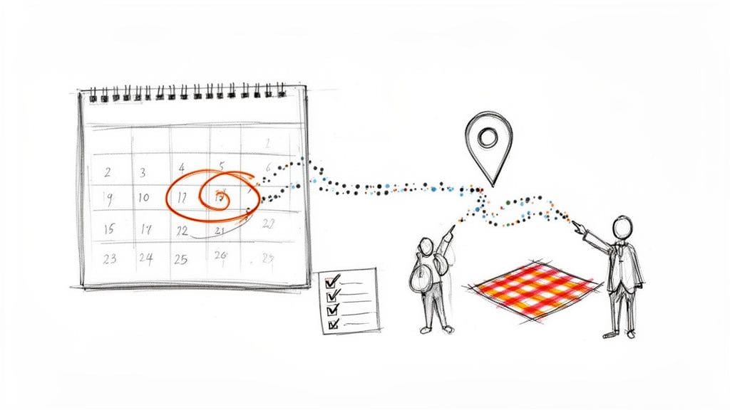 A hand-drawn illustration showing event planning with a calendar, location, checklist, and two figures.