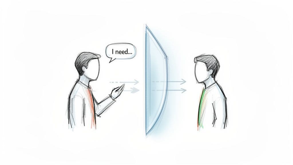 Illustration of two figures, a transparent barrier between them, one saying 'I need...', symbolizing a communication gap.