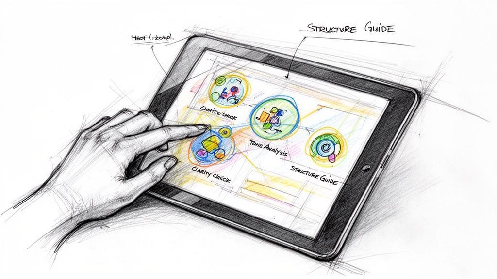 A hand interacting with a tablet screen showing an interactive design sketch of various analytical tools.